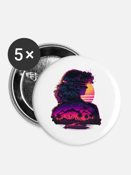 Retrowave Mädchen - Buttons groß 56 mm (5er Pack) - Weiß
