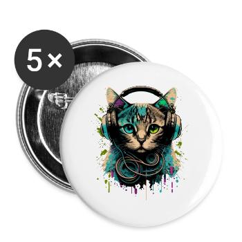 Chat avec casque - Lot de 5 grands badges (56 mm) - blanc - Devant