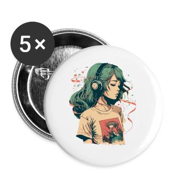 Study Girl hört Musik - Buttons groß 56 mm (5er Pack) - Weiß - Vorne