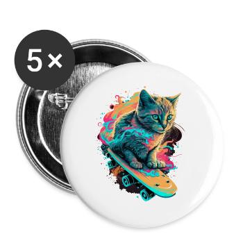 Skateboard Cat - Buttons large 2.2''/56 mm (5-pack) - white - Front