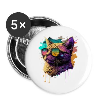 Katze mit Neon-Sonnenbrille - Buttons groß 56 mm (5er Pack) - Weiß - Vorne