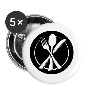 Messer, Gabel und Löffel transparent auf Teller - Buttons groß 56 mm (5er Pack) - Weiß - Vorne