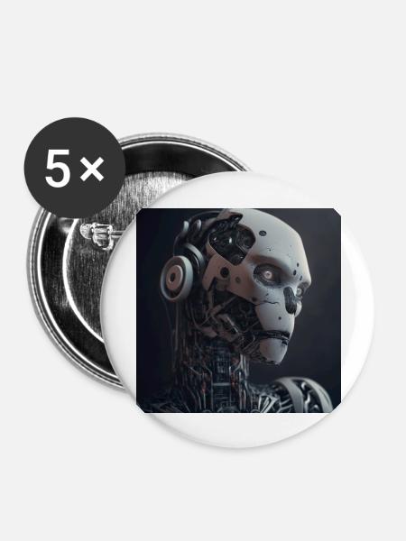 Blauäugiger Cyborg-Roboter - Buttons groß 56 mm (5er Pack) - Weiß