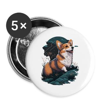 Corgi mit den Blumen - Buttons groß 56 mm (5er Pack) - Weiß - Vorne