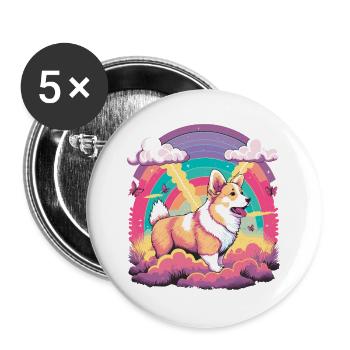 Corgi in Regenbogen - Buttons groß 56 mm (5er Pack) - Weiß - Vorne
