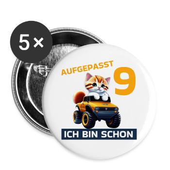 9. Geburtstag Katze auf Monstertruck 9 Jahre alt - Buttons groß 56 mm (5er Pack) - Weiß - Vorne