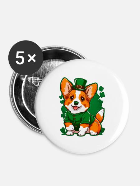 Leprechaun Corgi - Buttons groß 56 mm (5er Pack) - Weiß