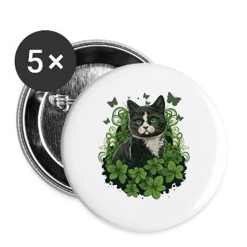 Chat noir et blanc avec lierre et papillons - Lot de 5 grands badges (56 mm) - blanc - Devant