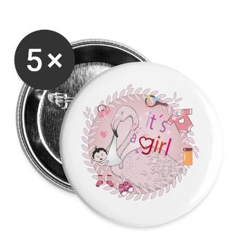 Flamingo mit Baby und Baby Utensilien in Rosa - Buttons groß 56 mm (5er Pack) - Weiß - Vorne