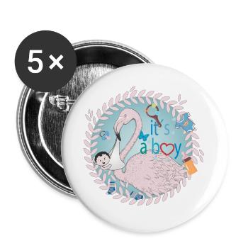 Flamingo mit Baby und Baby Utensilien in Blau - Buttons groß 56 mm (5er Pack) - Weiß - Vorne