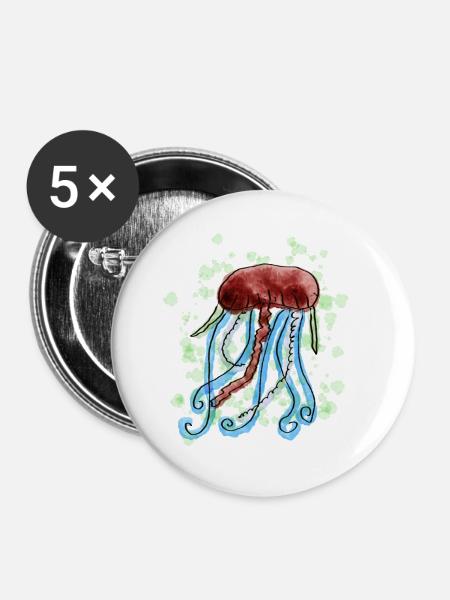 Aquarellierter Quallen-Kunstprint - Buttons groß 56 mm (5er Pack) - Weiß