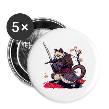chat samouraï - Lot de 5 grands badges (56 mm) - blanc - Devant