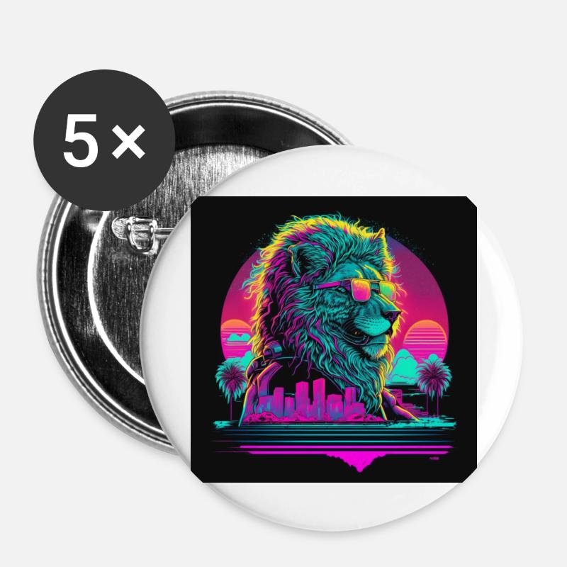 Löwe mit Neonfarben, Synthwave / 80er Jahre - Buttons groß 56 mm (5er Pack) - Weiß