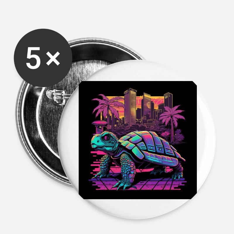 Schildkröte mit Neonfarben, Synthwave / 80er Jahre - Buttons groß 56 mm (5er Pack) - Weiß