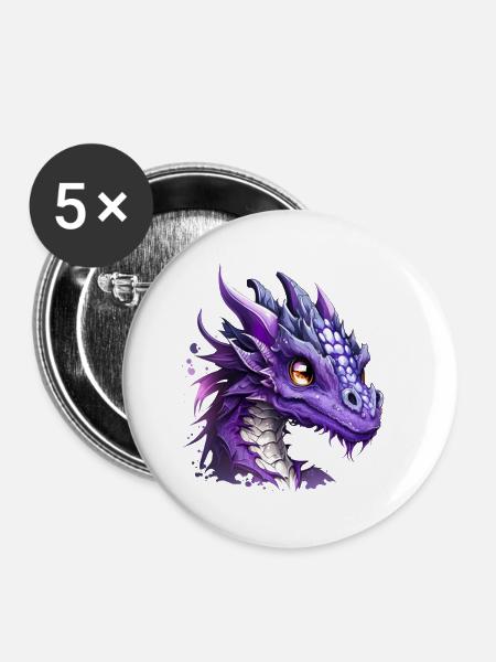 Kawaii Lila Drache - Buttons groß 56 mm (5er Pack) - Weiß