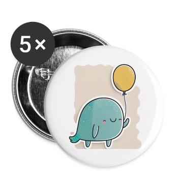 Drôle de baleine avec ballon - anniversaire, doux, anime - Lot de 5 grands badges (56 mm) - blanc - Devant