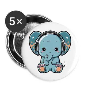 Kawaii Mignon Happy Colorful Elephant avec casque - Lot de 5 grands badges (56 mm) - blanc - Devant