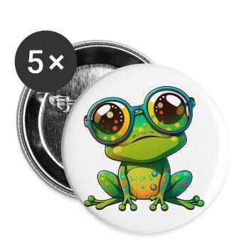Kawaii Süßer glücklicher bunter Frosch mit Sonnenbrille - Buttons groß 56 mm (5er Pack) - Weiß - Vorne