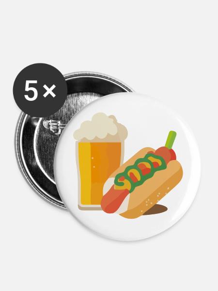 Bier und Hot Dog - Buttons groß 56 mm (5er Pack) - Weiß