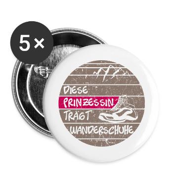 Wander Prinzessin trägt Wanderschuhe, Geschenk - Buttons groß 56 mm (5er Pack) - Weiß - Vorne
