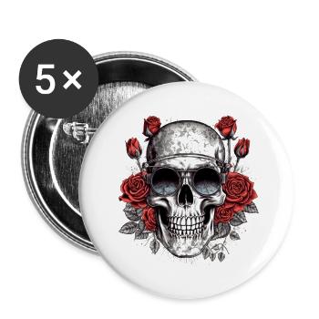 Cool hipster skull with glasses and roses - Buttons large 2.2''/56 mm (5-pack) - white - Front
