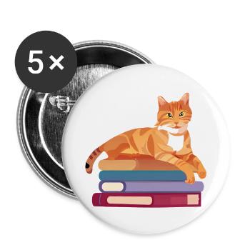 Katze Buch Kätzchen Hauskatze Bücher Kater Lesen - Buttons groß 56 mm (5er Pack) - Weiß - Vorne