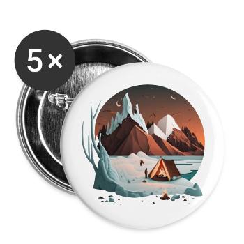 Zelten in den Bergen am Lagerfeuer - Buttons groß 56 mm (5er Pack) - Weiß - Vorne