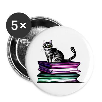 Lesen Bücher Kater Hauskatze Katze Buch Kätzchen - Buttons groß 56 mm (5er Pack) - Weiß - Vorne