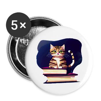 Buch Lesen Hauskatze Katze Bücher Kater Kätzchen - Buttons groß 56 mm (5er Pack) - Weiß - Vorne