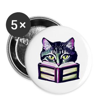 Domestic Cat Books Cat Reading Cat Book Kitten - Buttons large 2.2''/56 mm (5-pack) - white - Front