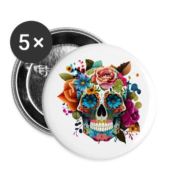 Totenkopf Blumen Bunt - Buttons groß 56 mm (5er Pack) - Weiß - Vorne