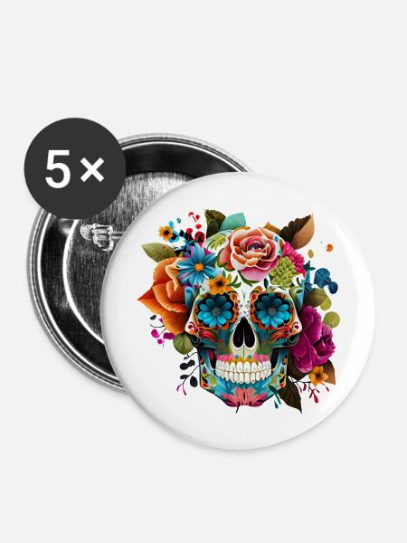 Totenkopf Blumen Bunt - Buttons groß 56 mm (5er Pack) - Weiß
