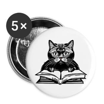 Katze Bücher Kätzchen Kater Buch Lesen Hauskatze - Buttons groß 56 mm (5er Pack) - Weiß - Vorne