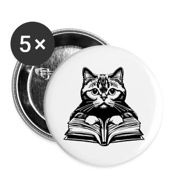 Kätzchen Kater Buch Lesen Katze Bücher Hauskatze - Buttons groß 56 mm (5er Pack) - Weiß - Vorne