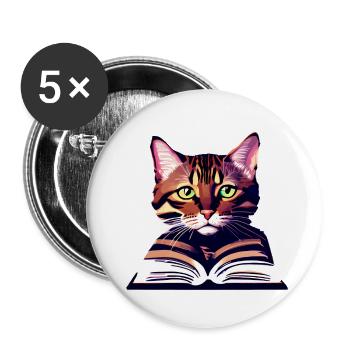 Kater Buch Kätzchen Lesen Katze Bücher Hauskatze - Buttons groß 56 mm (5er Pack) - Weiß - Vorne