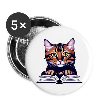 Cat Reading Domestic Cat Books Cat Book Kitten - Buttons large 2.2''/56 mm (5-pack) - white - Front