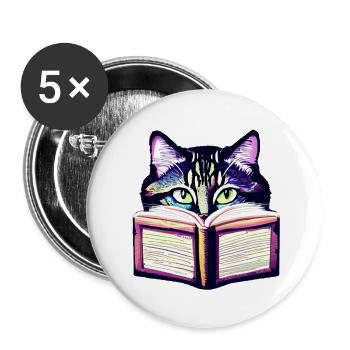Katze Buch Lesen Hauskatze Bücher Kätzchen Kater - Buttons groß 56 mm (5er Pack) - Weiß - Vorne