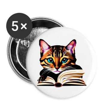 Katze Bücher Kater Hauskatze Buch Kätzchen Lesen - Buttons groß 56 mm (5er Pack) - Weiß - Vorne