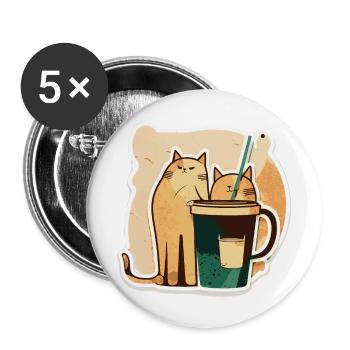Katzen trinken Kaffee mit Strohhalm Geschenk - Buttons groß 56 mm (5er Pack) - Weiß - Vorne