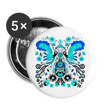 Blaue Vintage-Vögel - Buttons groß 56 mm (5er Pack) - Weiß - Vorne
