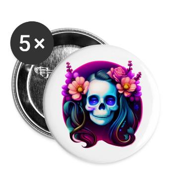 Skull Boho Multicolor Frauen Schädel mit Blumen - Buttons groß 56 mm (5er Pack) - Weiß - Vorne