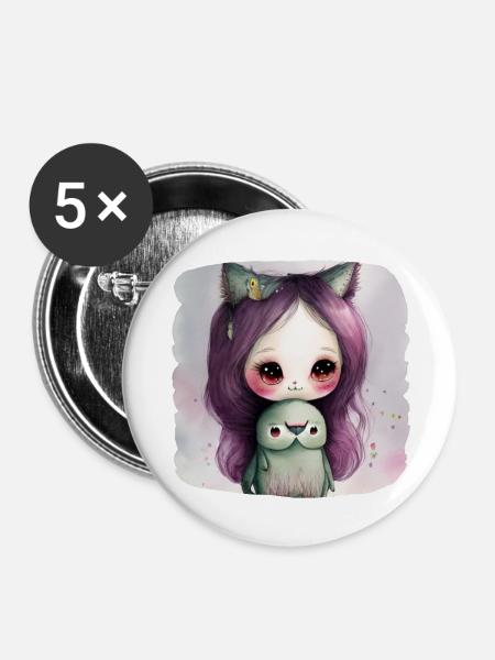 Katze Katzenmädchen - Phantasie - Buttons groß 56 mm (5er Pack) - Weiß