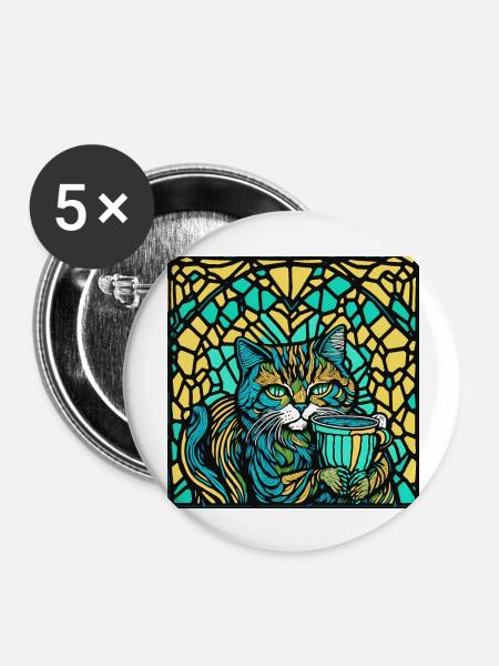 Katze mit einem Becher - Buttons groß 56 mm (5er Pack) - Weiß