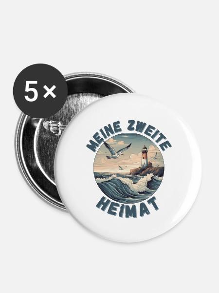 Urlaub an der Nordsee und Ostsee zweite Heimat - Buttons groß 56 mm (5er Pack) - Weiß