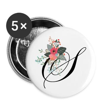 Blumige Buchstaben - Buttons groß 56 mm (5er Pack) - Weiß - Vorne