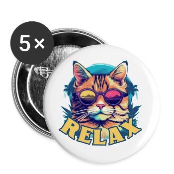 Entspannte Katze mit Sonnenbrille, Sommerlook - Buttons groß 56 mm (5er Pack) - Weiß - Vorne