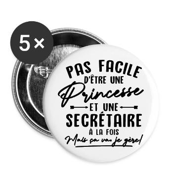 Princesse et Secrétaire - Lot de 5 grands badges (56 mm) - blanc - Devant