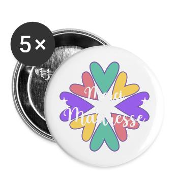 MAÎTRESSE. MAITRE. MERCI. MERCI MAÎTRESSE. ECOLE - Lot de 5 grands badges (56 mm) - blanc - Devant