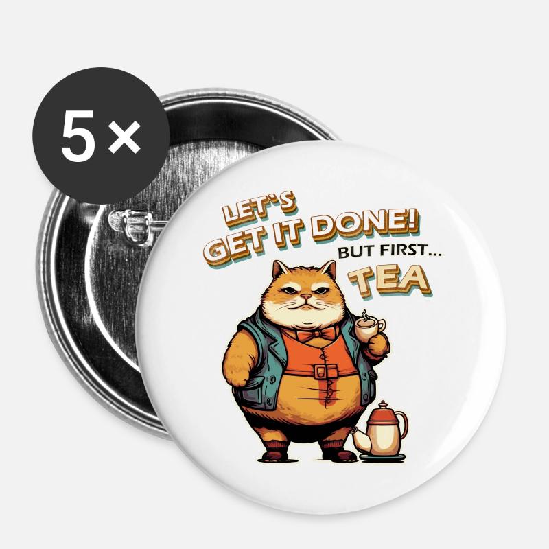 Let´s get it done Cat Tea - Buttons large 2.2''/56 mm (5-pack) - white