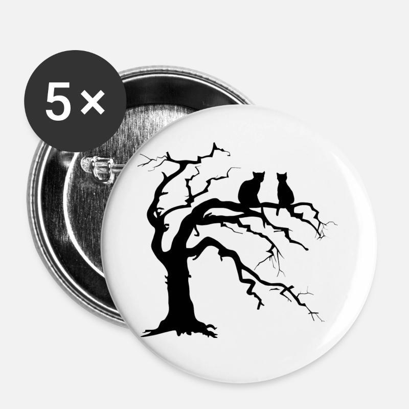 Toter baum mit 2 Katzen Silhouette - Buttons groß 56 mm (5er Pack) - Weiß